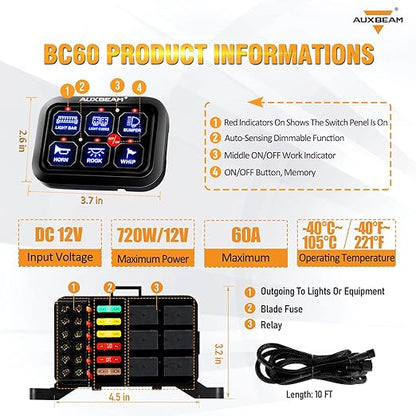 Auxbeam 6 Gang Switch Panel BC60, Universal Circuit Control Relay System Box with Automatic Dimmable On-Off LED Switch Pod Touch Switch Box for Car Pickup Truck UTV ATV Boat, 3 Years Warranty, Blue