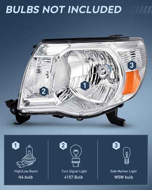 Nilight Headlight Assembly for 2005 2006 2007 2008 2009 2010 2011 Toyota Tacoma Replacement Headlamp Chrome Housing Amber Reflector