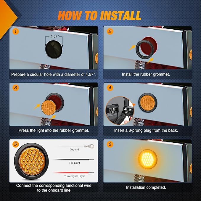 Nilight 4Inch Round Trailer Tail Light 2PCS 24LED Amber Turn Signals Lights w/Flush Mount Grommets Plugs IP67 Waterproof for 12V Truck Bus RV Camper ATV UTV