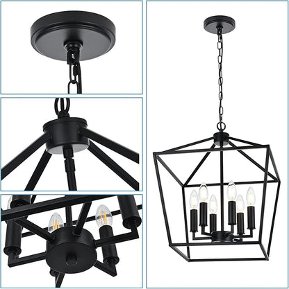 MELUCEE 6-Light Black Farmhouse Chandelier 16 Inches Cage Hanging Lights Rustic Lantern Pendant Lighting for Kitchen Island Dining Room Foyer Hallway, E12 Base