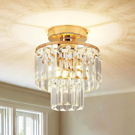 Mini Crystal Chandelier,Gold Crystal Chandeliers,2-Tier Semi Flush Mount Chandelier Pendant Lighting Fixture for Living Room Dining Room Foyer Bedroom Hallway E26 Base