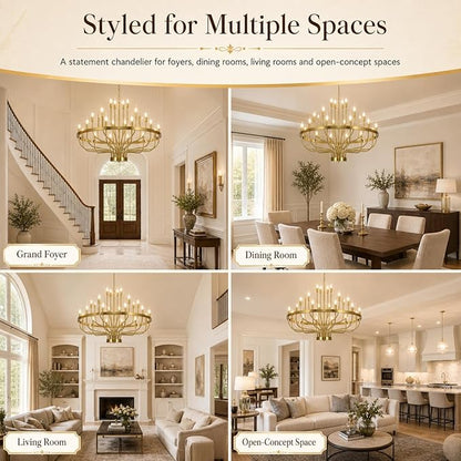 Shandaglo Large Gold Chandelier 24-Light, 39in Wagon Wheel Chandelier for High Ceilings, 3-Tier Foyer Chandelier for Entryway, Dining Room Light Fixture, Living Room Farmhouse Ceiling Light ﻿