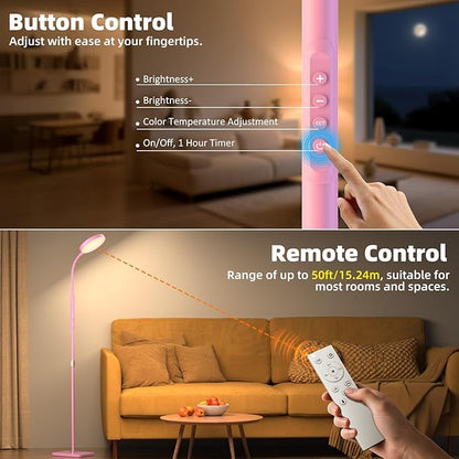 PACOVY Floor Lamp, Adjustable Height Floor Lamps for Living Room Bedroom, 120 LED Super Bright Standing Lamp Remote Control Dimmable Gooseneck Tall Stand Reading Lamp for Office Craft, Pink
