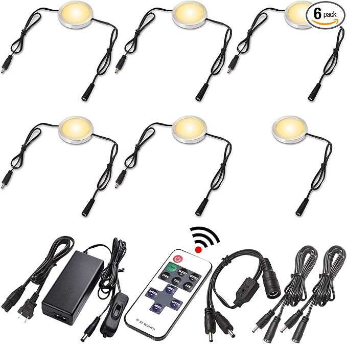 Kitchen Cabinet Undereath Light Kit, Backsplash Back Lighting, 110V Plugged in & Hardwired, RF Remote Control Dimmable, Linkable, Dual Split, Black Wires, Warm White 2700K,6 Lights