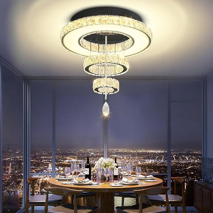 Flashing God Dia 24" Modern Chandelier for Living Room Black Crystal Ceiling Chandelier Flush Mount Ceiling Light for Dining Room Bedroom Hallway LED Light Fixture Dimmable with Remote