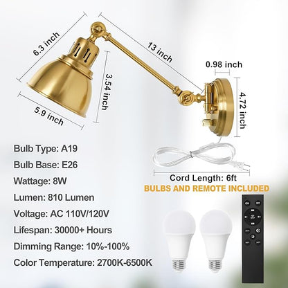 GOODATE Plug in Wall Sconces Set of Two with Remote, Stepless Colors 2700K-6500K & Stepless Dimming, Premium Golden Finish, Plug in Wall Light with Night Light & Timer, LED Bulbs Included