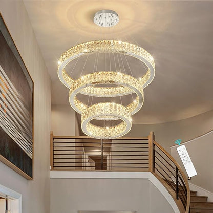 Modern Crystal Chandelier 55W Dimmable LED Chandeliers with Remote Luxury Height Adjustable Pendant Lighting for Living Room Dining Room Silver