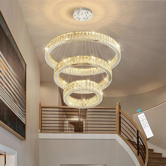 Modern Crystal Chandelier 55W Dimmable LED Chandeliers with Remote Luxury Height Adjustable Pendant Lighting for Living Room Dining Room Silver