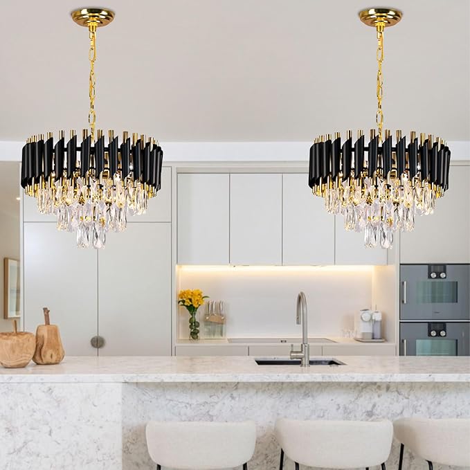 FRIXCHUR Modern Crystal Chandeliers 16" Black and Gold Chandelier Round Crystal Pendant Light 3-Tier Modern Chandeliers for Dining Room Living Room Bedroom Foyer