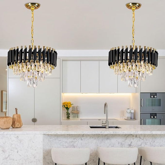 FRIXCHUR Modern Crystal Chandeliers 16" Black and Gold Chandelier Round Crystal Pendant Light 3-Tier Modern Chandeliers for Dining Room Living Room Bedroom Foyer