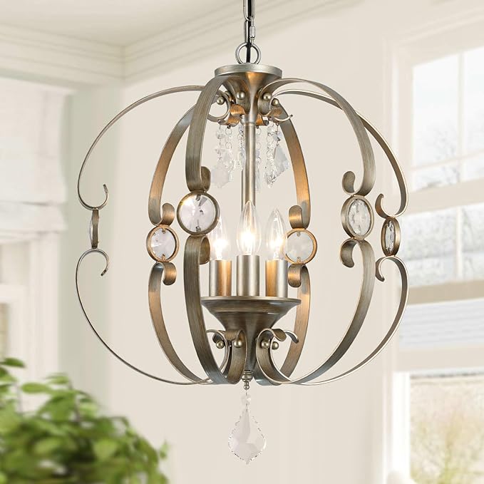 Antique Crystal Chandeliers for Dining Room Light Fixture, 3-Light 18 Inch Vintage Bronze Chandelier for Kitchen Island, Living Room, Foyer, Staircase, Villa (Antique Silver)