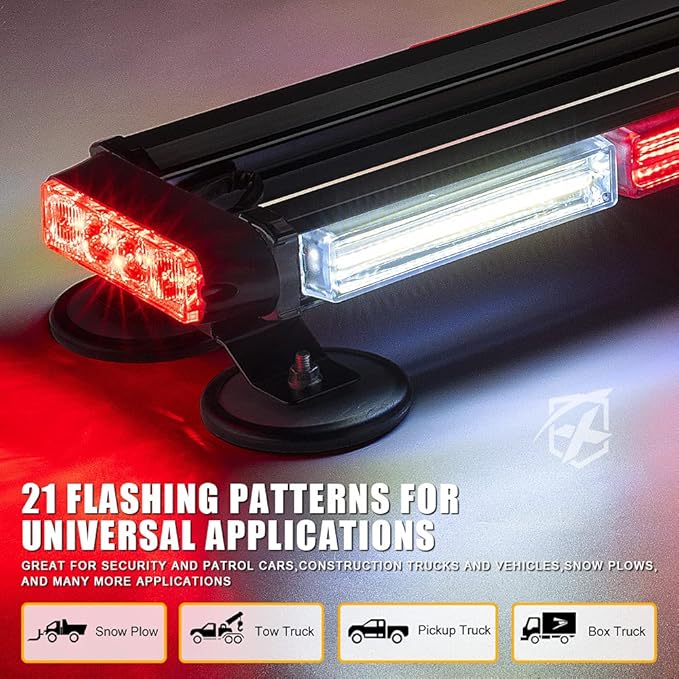Xprite 26" COB LED Strobe Rooftop Flashing Light Bar, Double Side Hazard Warning Beacon Safety Lights w/Magnetic for Emergency Vehicles Firefighter Cars Trucks Traffic Security White & Red