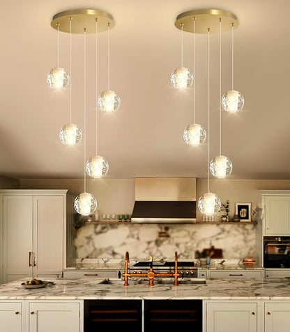 HAIXIANG 5 Lights Globe Chandelier Modern Crystal Glam Light LED Warm Light Pendant Lights for Dining Room Kitchen Island Antique Gold Lighting Fixture