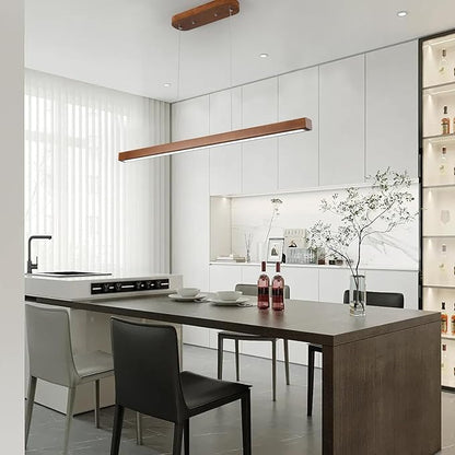 31 Inch Wood Linear Pendant Light Dimmable LED Kitchen Island Lighting with Remote Adjustable Hanging Chandelier for Dining Room Bar Pool Table 19W Modern Farmhouse Fixture Walnut Color