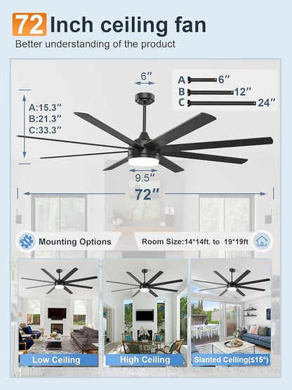 YUHAO 72 Inch Black Ceiling Fan with Light and Remote Control.Noiseless,Dimmable,3CCT,6 Speeds Reversible, DC Ceiling Fans for Indoor or Covered Outdoor Use.ETL Listed