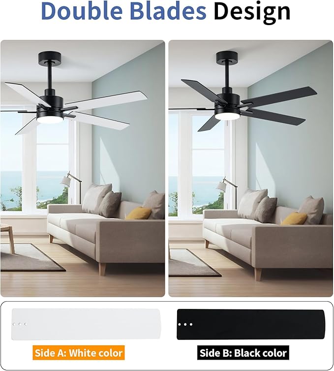 LANMEL 52'' Black Ceiling Fans with Lights and Remote, 6 Speed Low Profile Modern Ceiling Fan with Quiet DC Motor for Indoor Outdoor Bedroom Living Room