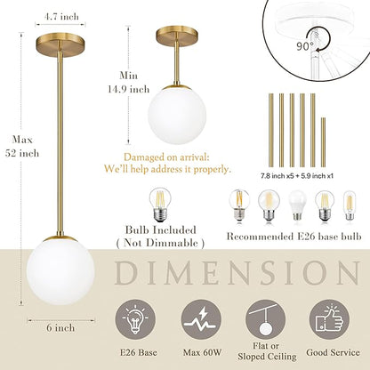 Bagood 6" Globe Pendant Light Gold Mid Century Pendant Light Globe Pendant Lights Kitchen Island Brushed Brass Finished with Milk Glass Lampshade Adjustable Ceiling Light Fixtures for Kitchen