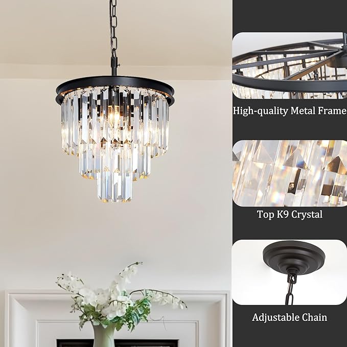 Small Black Crystal Chandeliers for Dining Room, 3-Tier 4 Lights Modern Chandelier Contemporary Luxury Top K9 Crystal Ceiling Pendant Light Fixture for Foyer Kitchen Bedroom Closet 14"