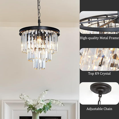 Small Black Crystal Chandeliers for Dining Room, 3-Tier 4 Lights Modern Chandelier Contemporary Luxury Top K9 Crystal Ceiling Pendant Light Fixture for Foyer Kitchen Bedroom Closet 14"