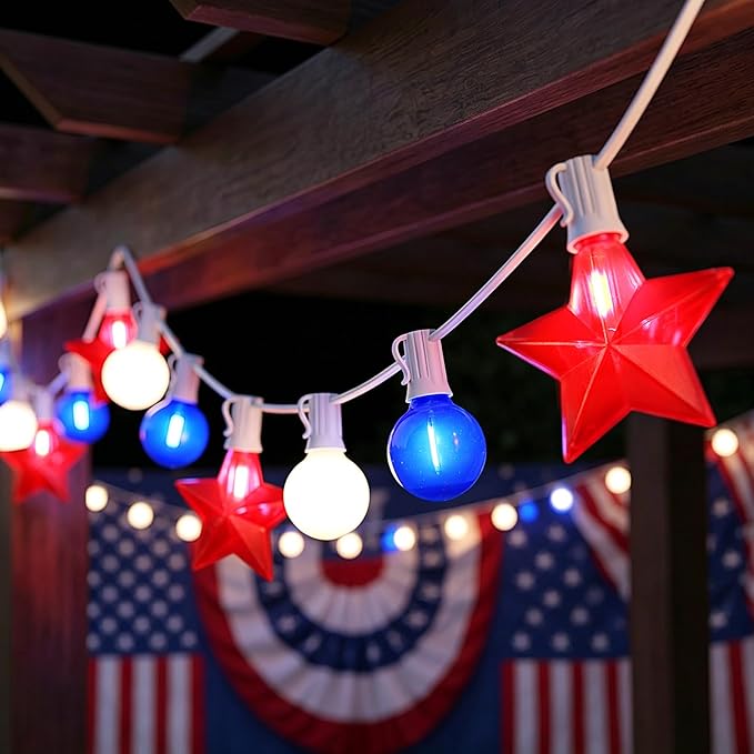 19Ft 4th of July Lights Outdoor, Waterproof Red White and Blue String Lights Plug in Connectable for Patriotic Porch Bistro Backyard Party Independence Day Decorations, E12/C7 Base Lights