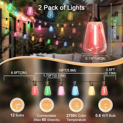LAMPHOME 2-Pack 26FT ST38 Outdoor String Lights, Multicolor Shatterproof Edison LED Patio Lights, Connectable Waterproof Hanging Lights for Easter, Outside Bistro, Patio & Party Decorations