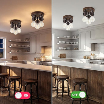 3-Light Rustic Track Lighting, Adjustable Flush Mount Ceiling Light with Espresso Wood Base, Dark Bronze Ceiling Track Light for Kitchen Island, Dining Room, Hallway, Entryway