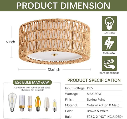Boho Ceiling Light Fixtures 12.6" Flush Mount Ceiling Light, Hand-Woven Rattan Light Fixture for Bedroom Close to Ceiling Light Modern Ceiling Light for Foyer Hallway Entryway Kids Room