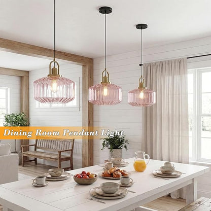 11.8in Mid Century Modern Pink Glass Pendant Light Fixture, Large Gold Kitchen Island Pendants Light Glass Ceiling Hanging Lamp for Foyer Dining Room Bedroom Entryway Hallway Over Sink