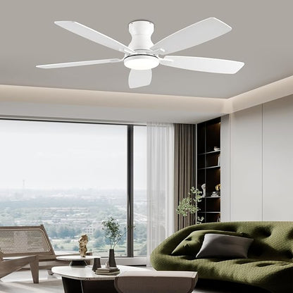 NKPU Ceiling Fans with Lights, Low Profile Ceiling Fan with Light and Remote/APP Control, DC Motor, Noiseless, Flush Mount, 52inch White Ceiling Fan for Bedroom Indoor/Outdoor Use