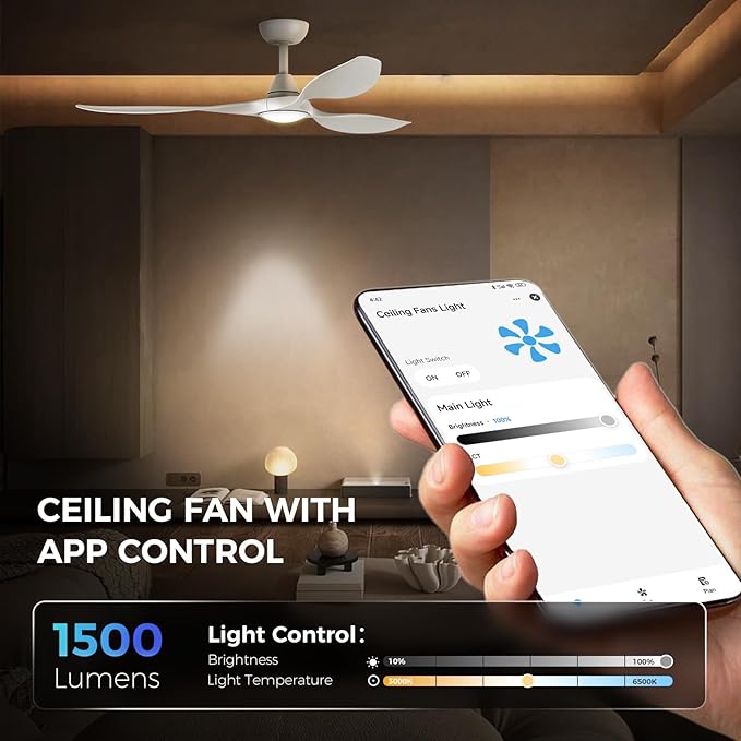 Roomratv Ceiling Fans with Lights and Remote Control,Quiet Noiseless Reversible DC Motor,6 Speeds,Timers, 3 CCT, Indoor Use, Plastic Blades,52 Inch White Ceiling Fan Smart APP Control for Living Room