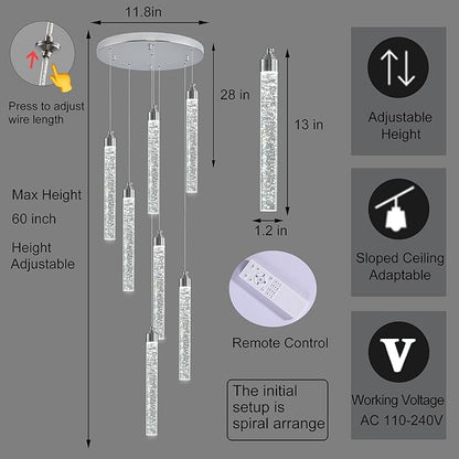 Crystal Staircase Chandelier, Modern Chrome Spiral Dimmable LED Cluster Raindrop Foyer Chandelier Lighting, Bubble Living Room Hanging Light Fixture 7 Light Remote Control