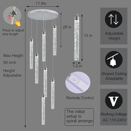 Crystal Staircase Chandelier, Modern Chrome Spiral Dimmable LED Cluster Raindrop Foyer Chandelier Lighting, Bubble Living Room Hanging Light Fixture 7 Light Remote Control