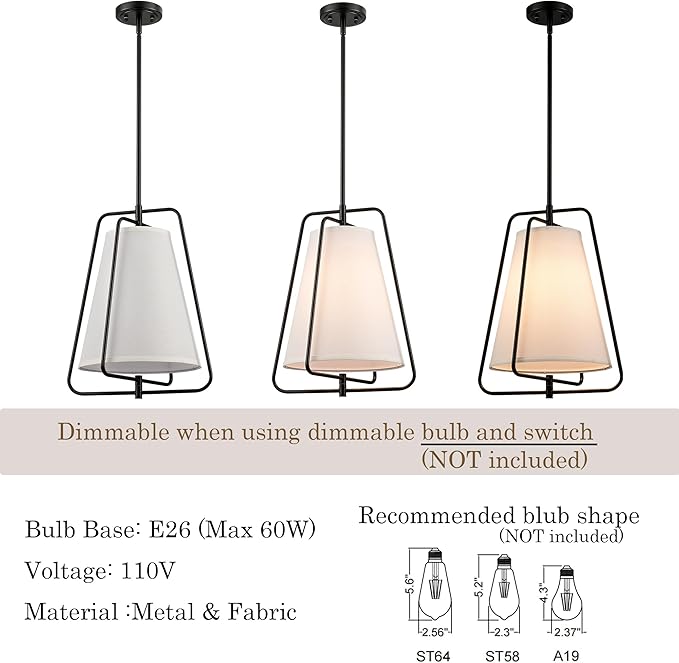 HYDELITE Vintage Black Pendant Light with 15" Off-White Linen Fabric Shade Adjustable Height Chandelier with Metal Frame for Kitchen Island Bedroom Dining Room Living Room