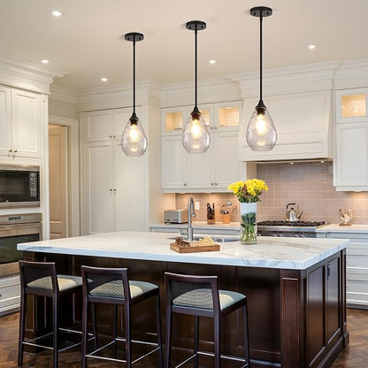 Black Pendant Lights Kitchen Island 2 Pack, Modern Glass Pendant Light Fixtures with Hammered Glass and Rods, Adjustable Small Hanging Light for Kitchen Sink Dining Room Bathroom