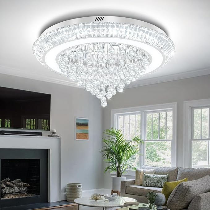 Large Crystal Chandelier for Living Room, Modern Led Luxury Crystal Chandeliers,40in Silver Flush Mount Chandelier Ceiling Light, Raindrop Chandeliers for Dining Room Bedroom