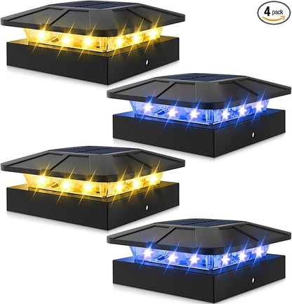 Peasur 4 Packs 4x4 Solar Post Lights Outdoor, Blue & Warm White LED Fence Caps Light Waterproof, Wood & Vinyl Post Top Lighting for Deck Mailbox Railing Porch Outside