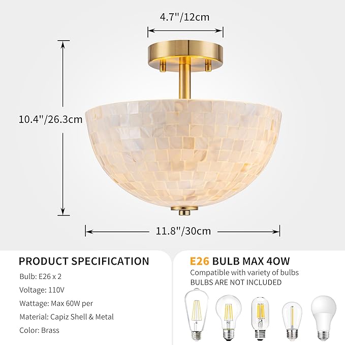 D12inch Bowl Capiz Shell Ceiling Light, 2-Light Coastal Style Light Fixture for Dining Room, Living Room & Bedroom, D12 x H14 inch, Shell Lampshade & Brass Finish Frame