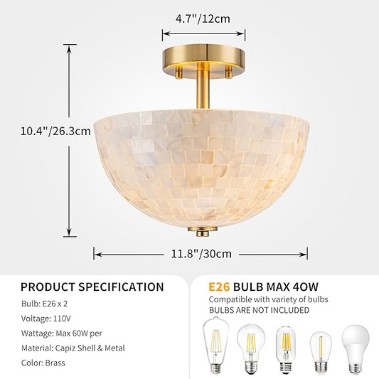 D12inch Bowl Capiz Shell Ceiling Light, 2-Light Coastal Style Light Fixture for Dining Room, Living Room & Bedroom, D12 x H14 inch, Shell Lampshade & Brass Finish Frame