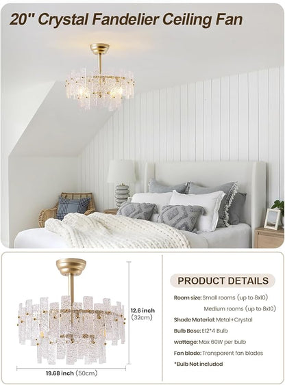 20" Gold Fandelier Ceiling Fan with Light,Gold Crystal Chandelier Ceiling Fans with Lights and Remote Control,Mid-Century Modern Caged with 6 Speeds for Living Room Bedroom Nursery