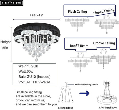 Flashing God Modern Chandelier for Living Room 24 inch Raindrop Chandeliers Flush Mount Crystal Chandelier for Bedroom Dining Room LED Dimming 2700k 4500k 6000k