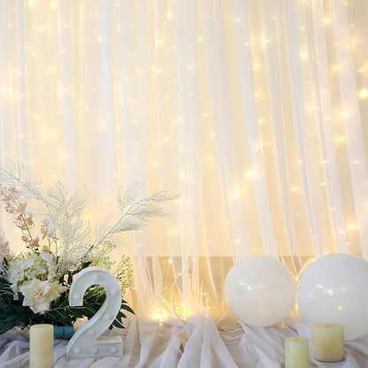 White Tulle Backdrop Curtain with Lights String for Parites 10×8ft Sheer Backdrop Curtains White Curtain Backdrop for Wedding Baby Shower Birthday Party Photo Shoot Decorations(2 Panels 10ft×8ft)