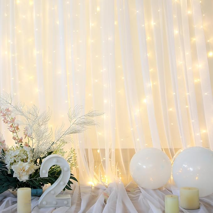 20×15ft White Tulle Backdrop Curtain with Lights String for Parites Sheer Fabric Backdrop Curtains White Backdrop Drapes for Wedding Baby Shower Birthday Party Photo Shoot Background 4 Panels 5ft×15ft