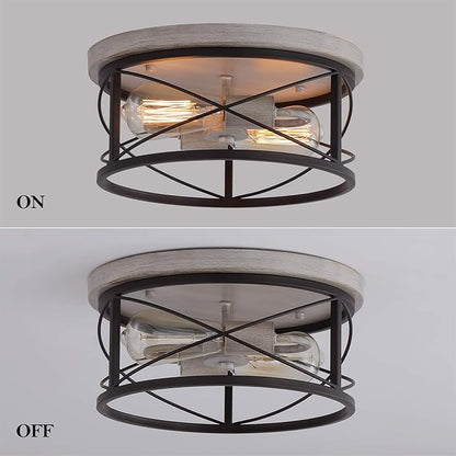 Q&S Flush Mount Ceiling Light Fixture Farmhouse Rustic Oak White and ORB Lighting for Hallway Entryway Kitchen Dining Room Bedroom Garage Gazebo Locker 2 Lights UL Listed