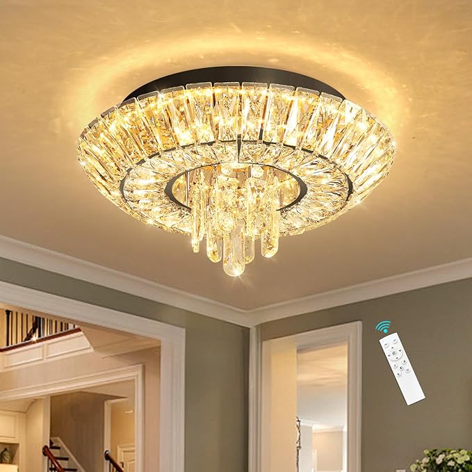 Crystal Chandelier 25W Modern Round Ceiling Light Fixture LED Raindrop Chandeliers Dimmable with Remote for Dining Room Living Room Entryway Hallway Bedroom Black