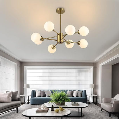 WINGBO 8-Light Sputnik Chandelier, Modern Pendant Light Fixture with 4.7" Opal White Glass Globe Shade for Flat and Slop Ceiling, Height Adjustable for Kitchen Living Room Dining Room Bedroom, Gold