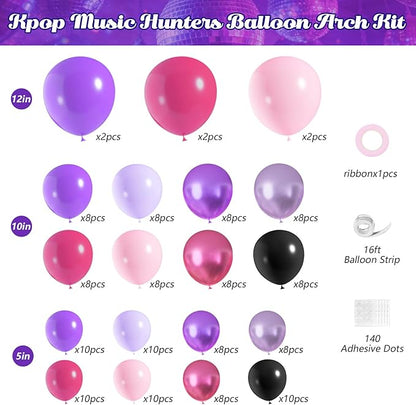 JOGAMS 175Pcs Dark Night Kpop Hunter Balloons Arch Kit, Black Metallic Pink Purple Disco Balloons with Iridescent Star Music Note Foil Balloons for K-Pop Music Disco Theme Birthday Concert-Style Stage