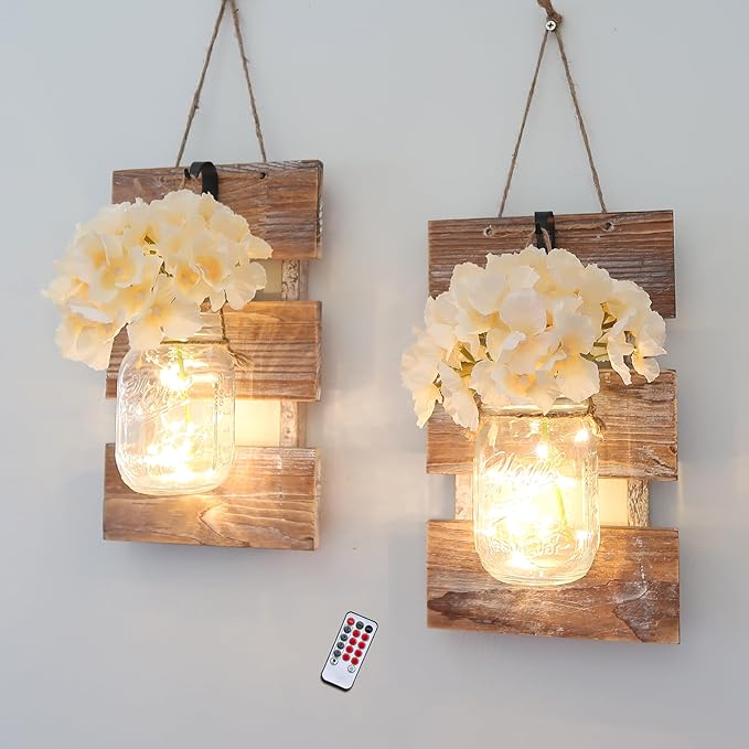 Mason Jar Wall Sconces, Rustic Brown Wall Hanging Decor, LED Fairy Lights with Automatic On and Off 6-Hour Timer (Set of 2),Brown