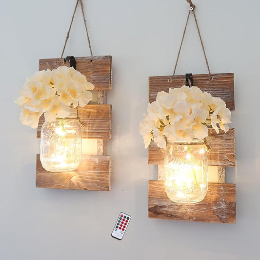 Mason Jar Wall Sconces, Rustic Brown Wall Hanging Decor, LED Fairy Lights with Automatic On and Off 6-Hour Timer (Set of 2),Brown