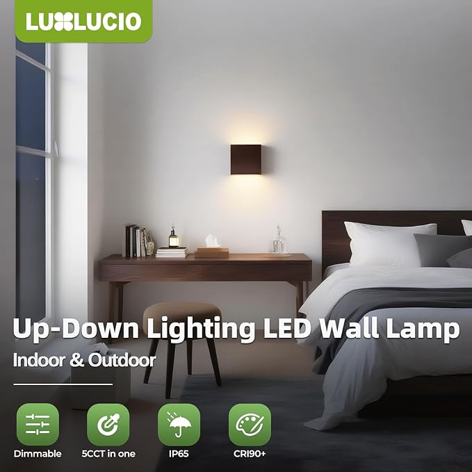 2 Pack Indoor Outdoor Brown Up and Down LED Wall Light, Modern Bedroom/Porch Wall Lamp, IP65 Waterproof, 5%-100% Dimmable 18W 1620lm, 5CCT (2700K-5000K), CRI 90+, 120V-277V, ETL FCC Certified