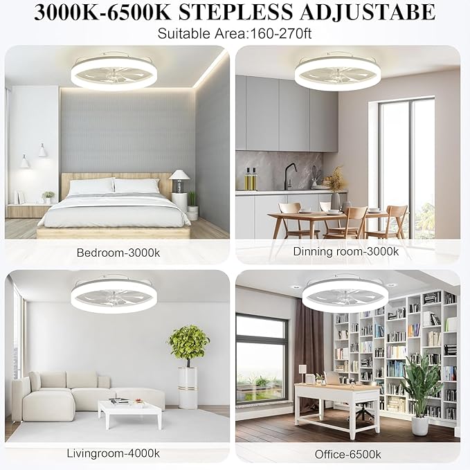 Ceiling Fans with Lights and Remote Fandelier - White 20'' Flush Mount Low Profile Modern Ceiling Fans for Bedroom - Stepless Color Temperature and 6 Speeds, White